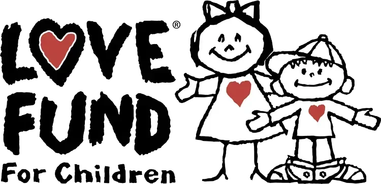 A black and white drawing featuring the words "LOVE FUND" with red hearts in place of the letter "O" and on the children's shirts. There are two smiling children, a girl with a bow in her hair and a boy wearing a cap, standing with their arms outstretched.