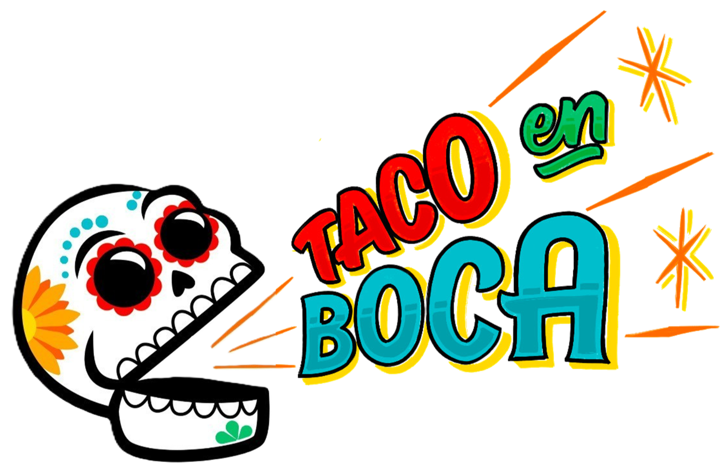 Colorful sign with a decorated sugar skull and vibrant text reading 'TACO EN BOCA' and some additional partially visible words.