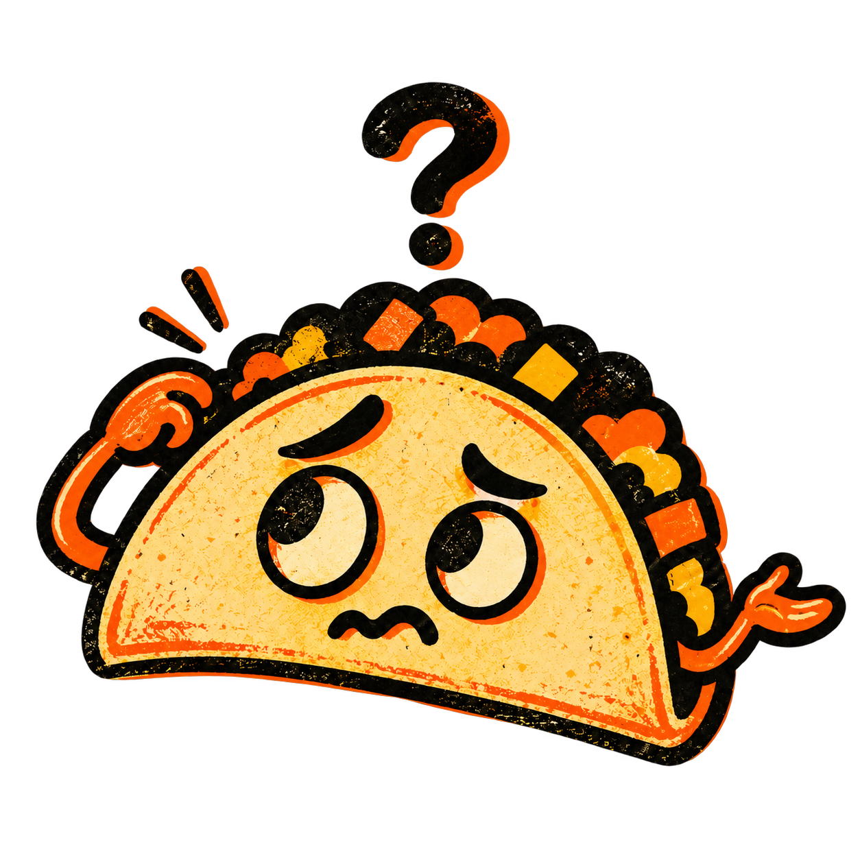A cartoon taco with a sad expression, raised eyebrows, and a frown, with a question mark above its head indicating confusion or uncertainty.