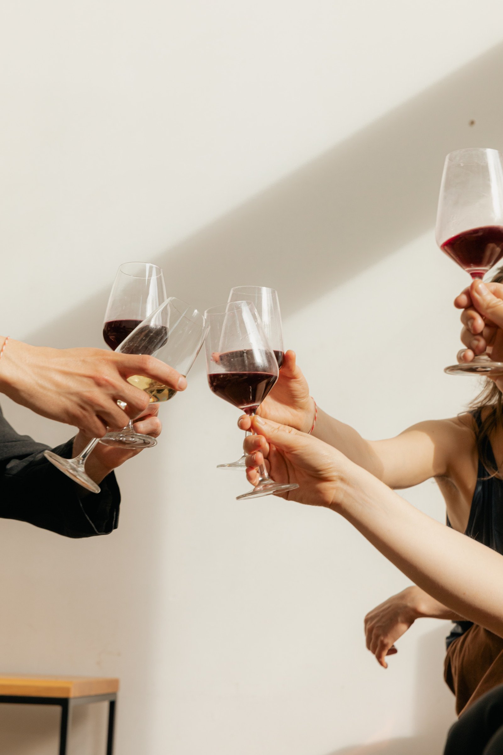 People holding wine glasses during a gathering or celebration.