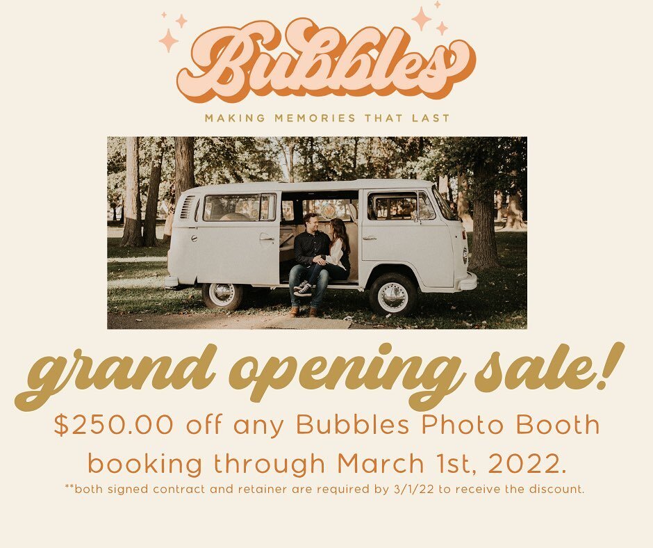 We have exciting news: it's sale time ✨🤍

From now until March 1st, we will be offering $250 off any Bubbles photo booth booking. This is the biggest discount of that we will ever offer, so if you've been considering having Bubbles at your wedding o