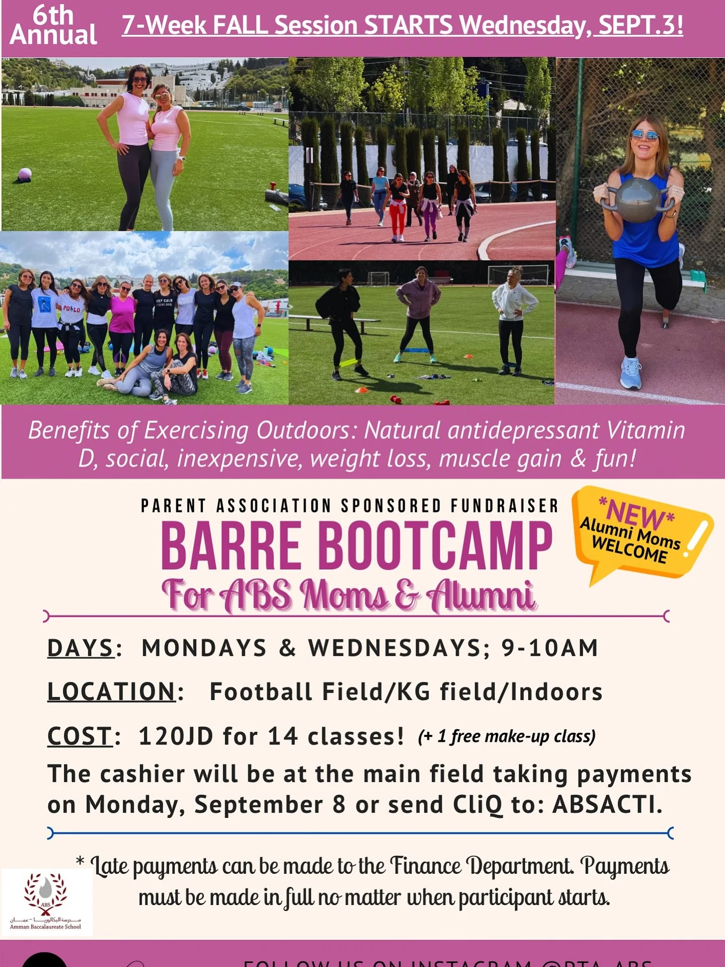 📣ANNOUNCEMENT
6th Annual ABS Bootcamp Fall session starts this Wednesday, September 3!
WHO: ABS moms *and* Alumni 🧑‍🎓
WHEN: Mondays & Wednesdays 9am on outdoor field
WHAT:
☀️vitamin D boosting workouts
💪🏽Toxin releasing choreography