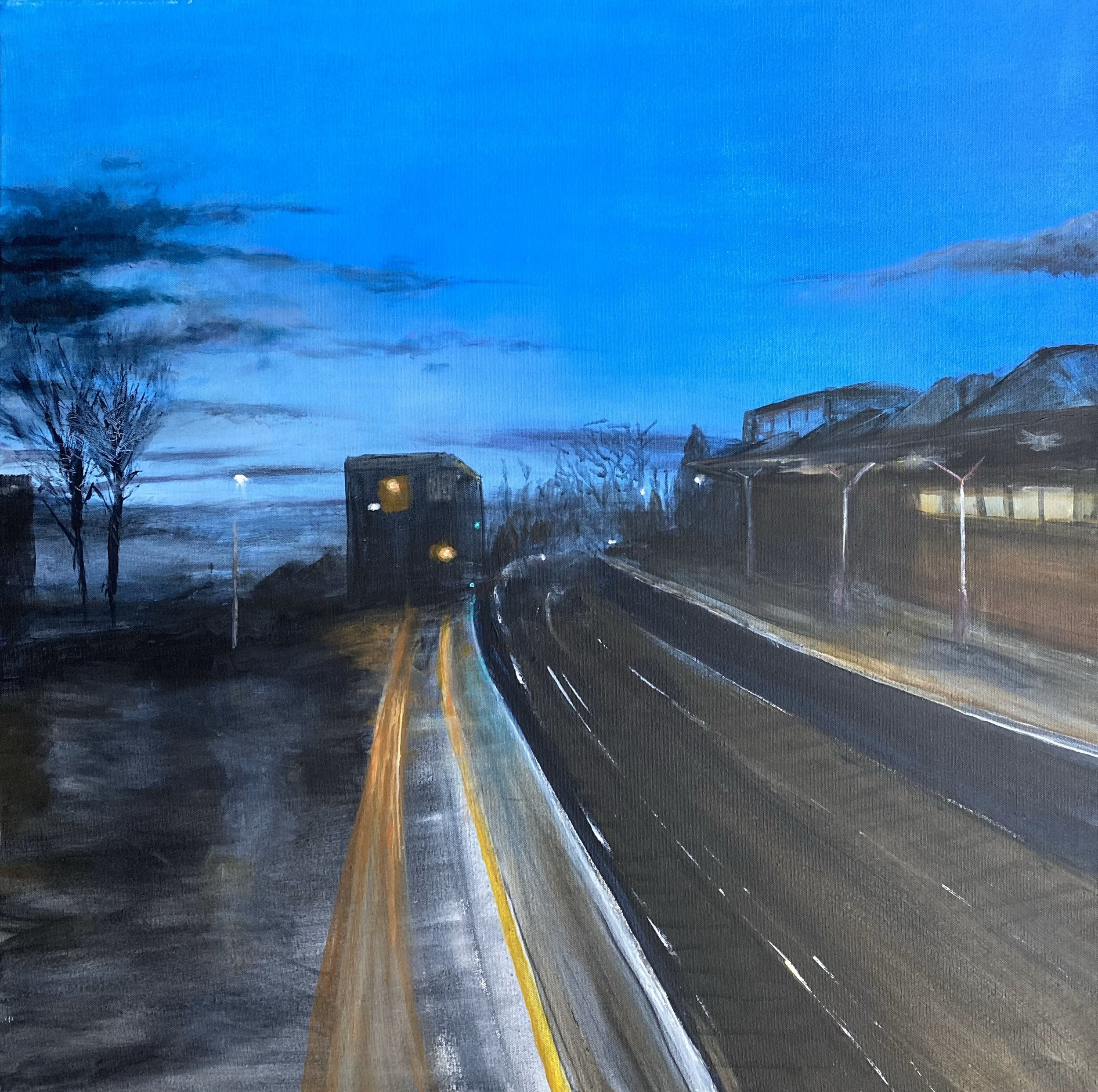'Homeward' the Signal Box at Rickmansworth Station, (79x79 cms) Acrylic paint on canvas. Dark Wood Frame