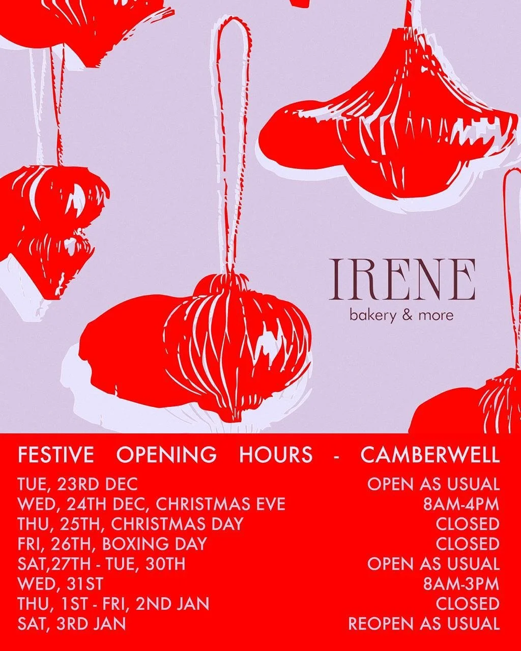 Festive Hours Update 🎄

The holidays are fast approaching, and we&rsquo;re here to make sure your days stay stocked with comforting bakes, fresh bread, and something warm to hold onto. Thank you for letting us be part of your celebrations this seaso