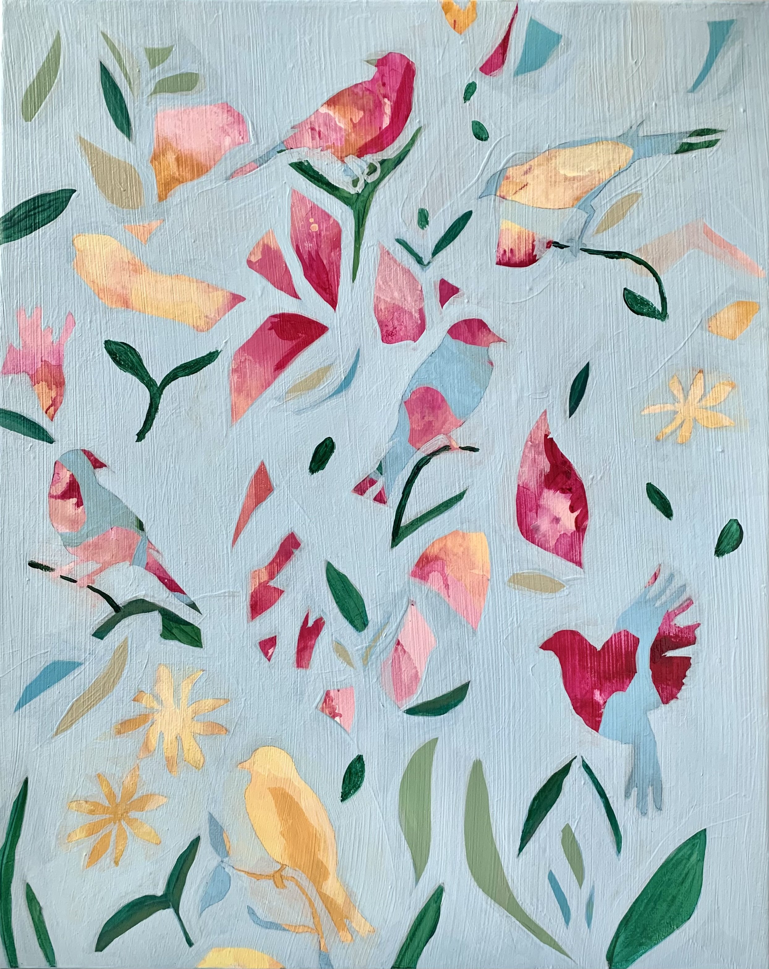 Colorful abstract painting of birds and flowers