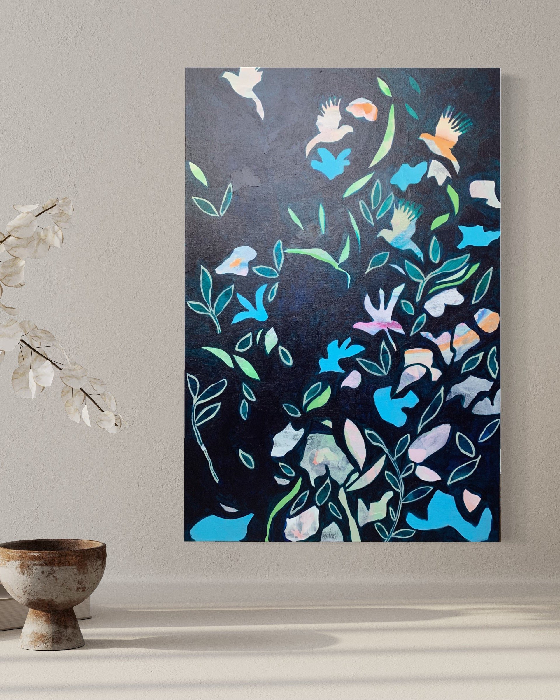 Contemporary painting of abstract birds and flowers