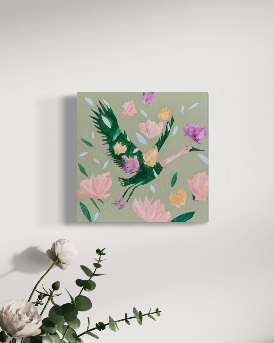 Crane with flowers painting