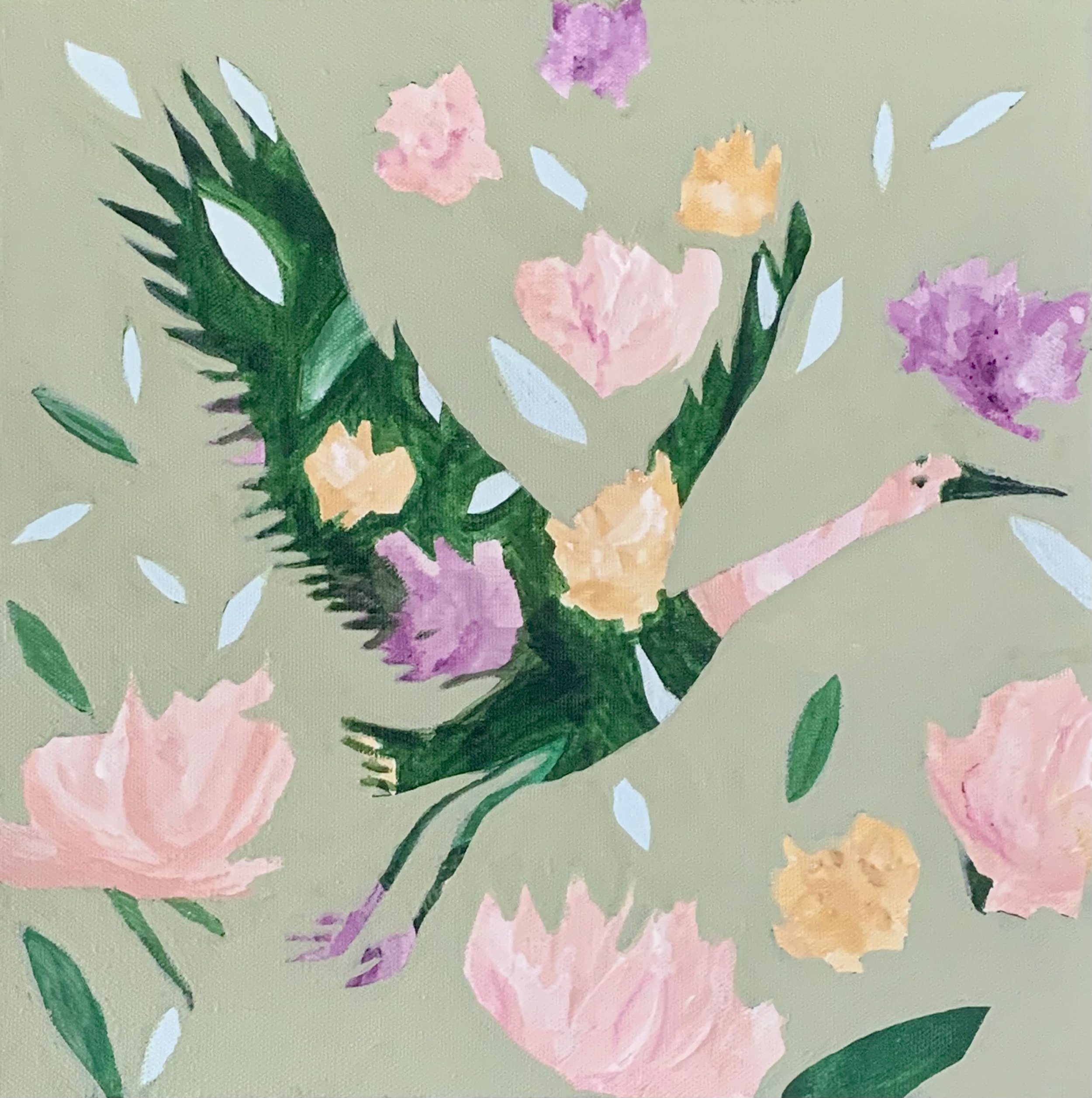 Expressive floral crane painting, with pink and green