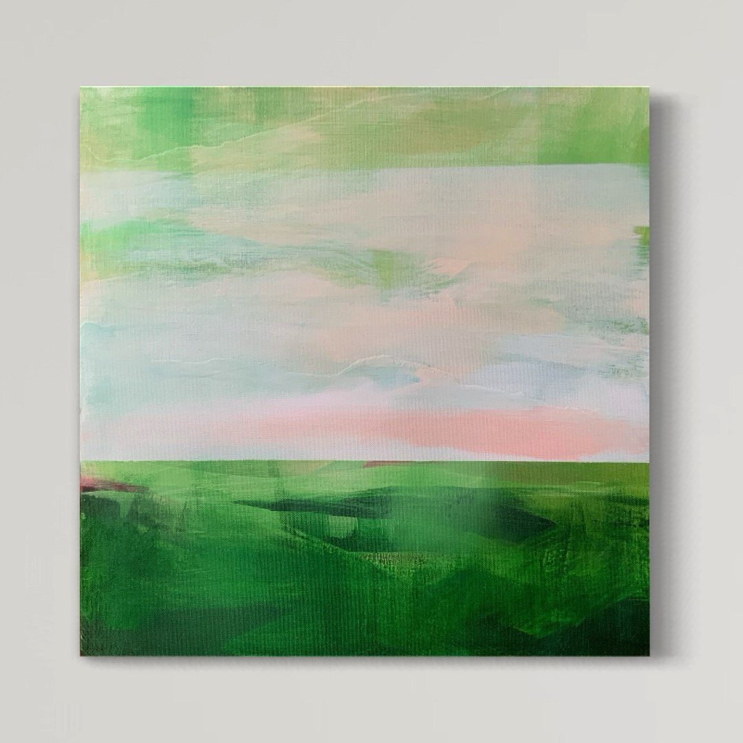 Minimalist Landscape painting with greens and pinks