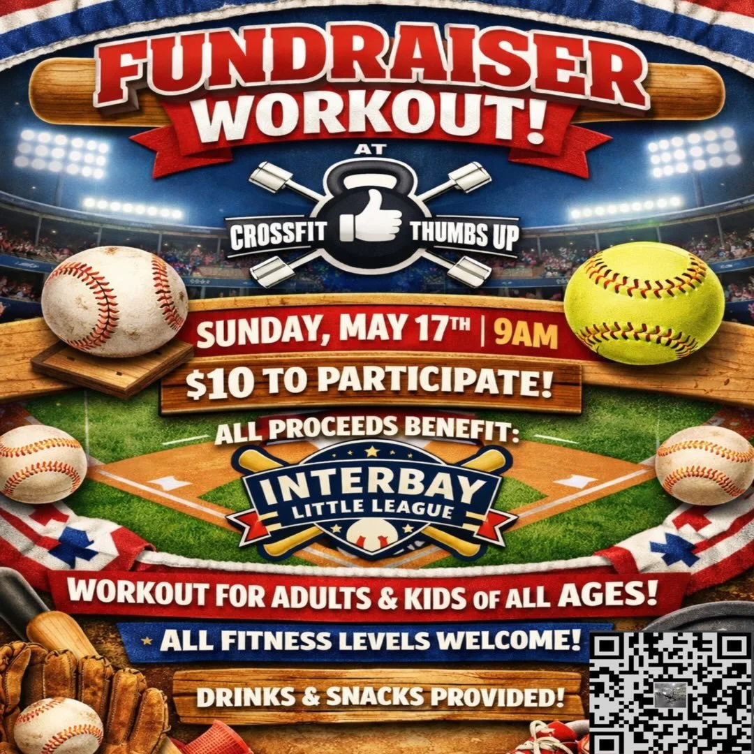 ⚾️💪 FUNDRAISER WORKOUT 💪🥎
at CrossFit Thumbs Up
📅 Sunday, May 17 ⏰ 9:00 AM

Step up to the plate for a great cause! 🧢⚾️ Join us for a workout benefiting @interbaylittleleague 

💥 EVENT DETAILS:
💲 $10 to participate 👨&zwj;👩&zwj;👧 Open to adu