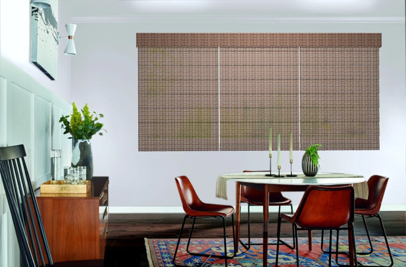 NATURAL WOVEN/WOOD SHADES

These are nature’s gift to blinds. All natural wood, jute, bamboo woven into amazing designs. Folding up Roman Shade style, with matching fabric valance. You don’t have to live by the beach for these. They provide a warm, c