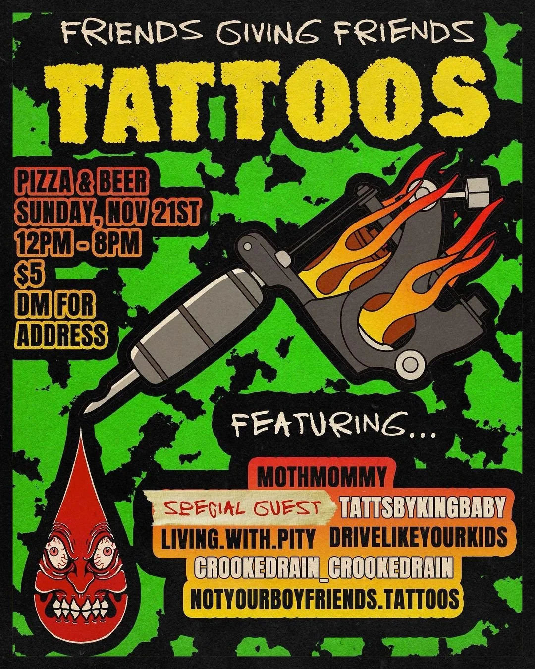 Illustrated poster for an underground tattooing event by Schrock Candy from 2021
