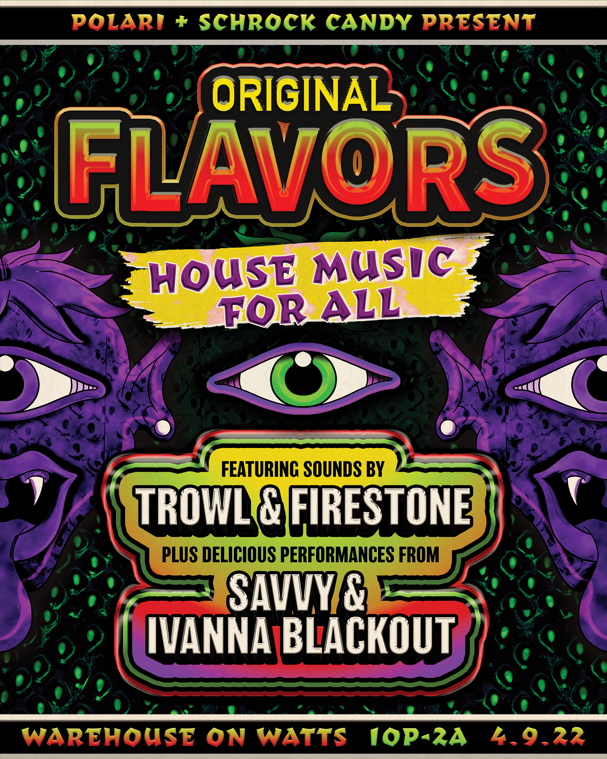 Event poster for Schrock Candy and Polari's house music party Original Flavors from April 2022