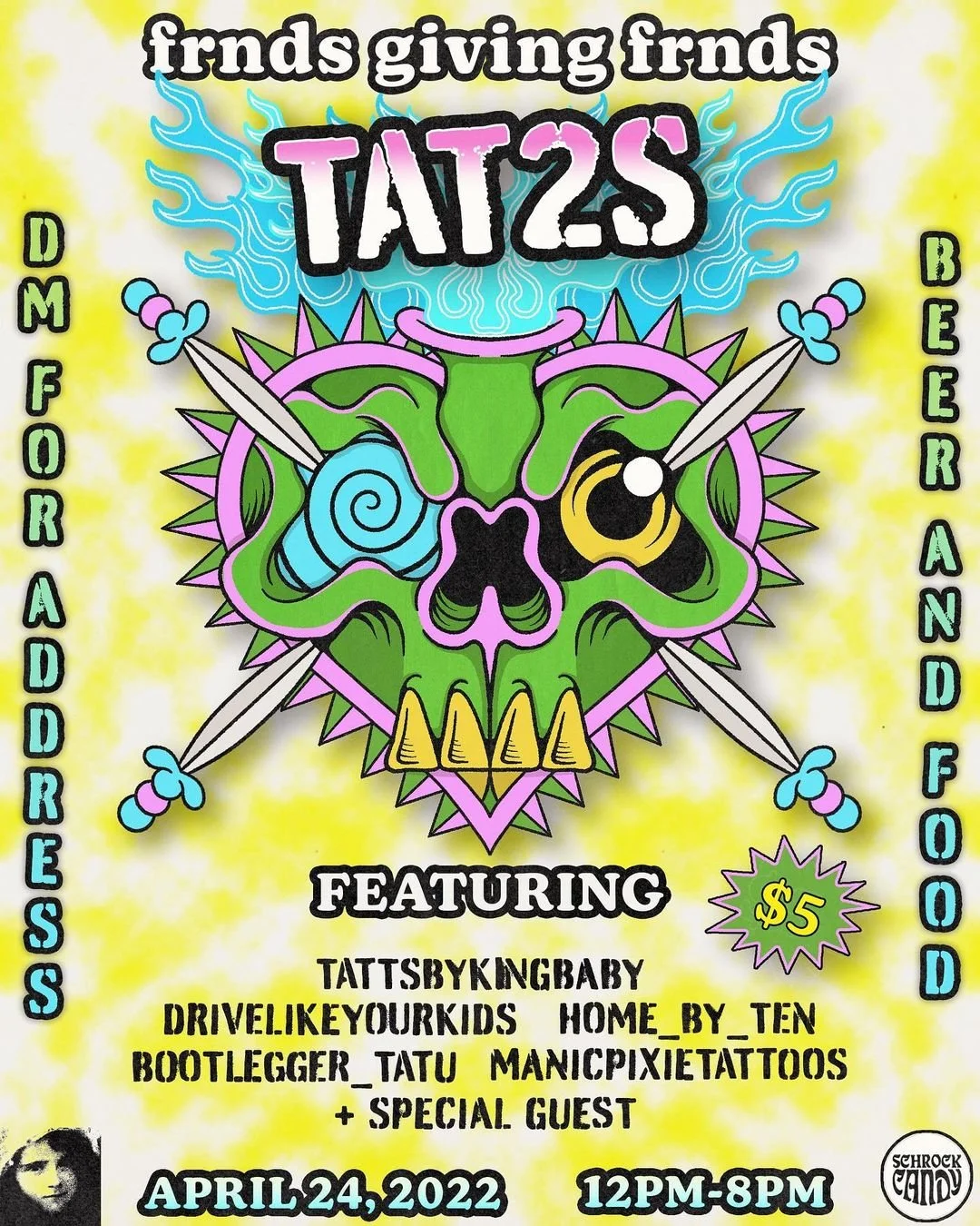 Illustrated poster for an underground tattooing event by Schrock Candy from 2022