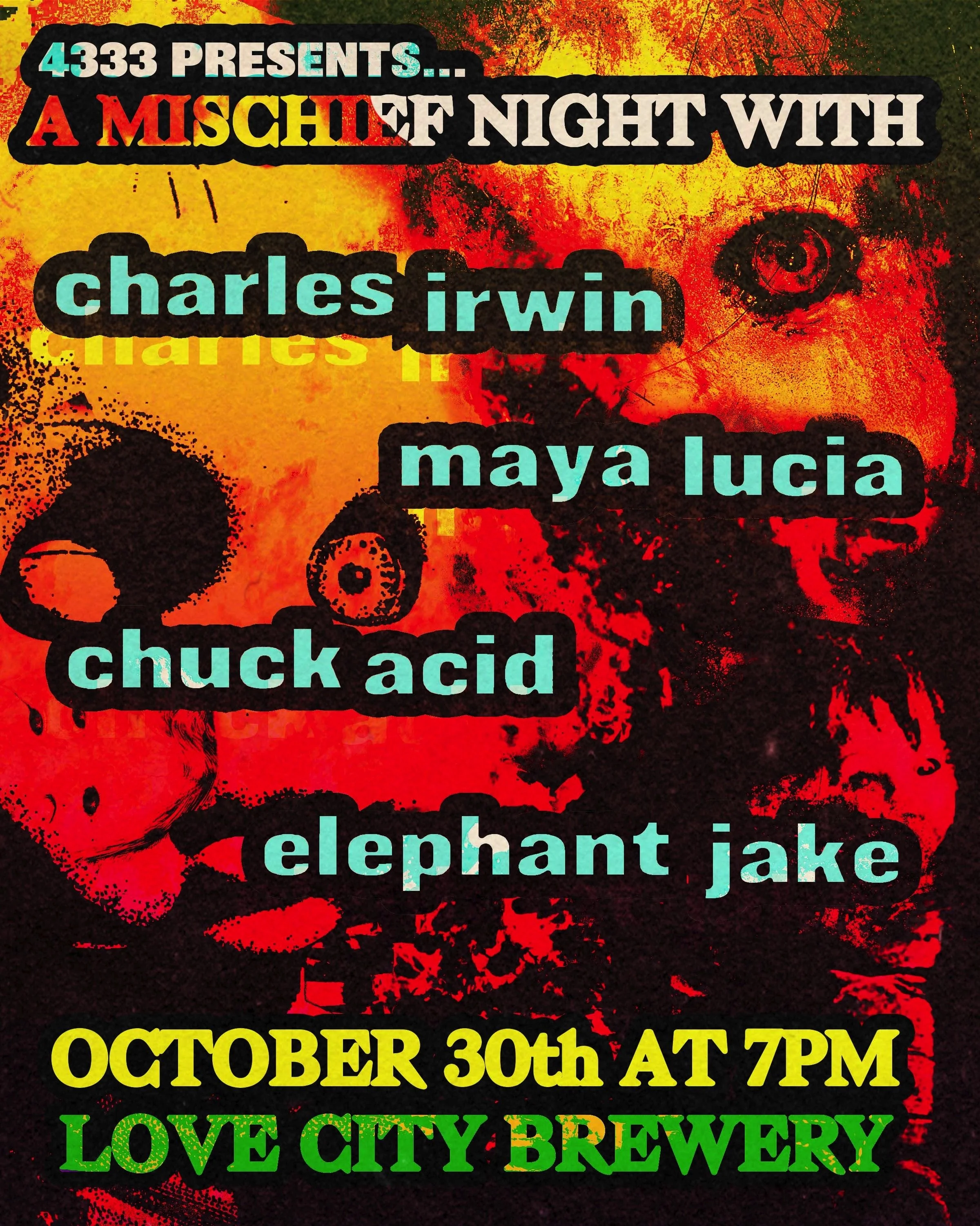 Concert poster for 4333's event featuring Charles Irwin by Schrock Candy