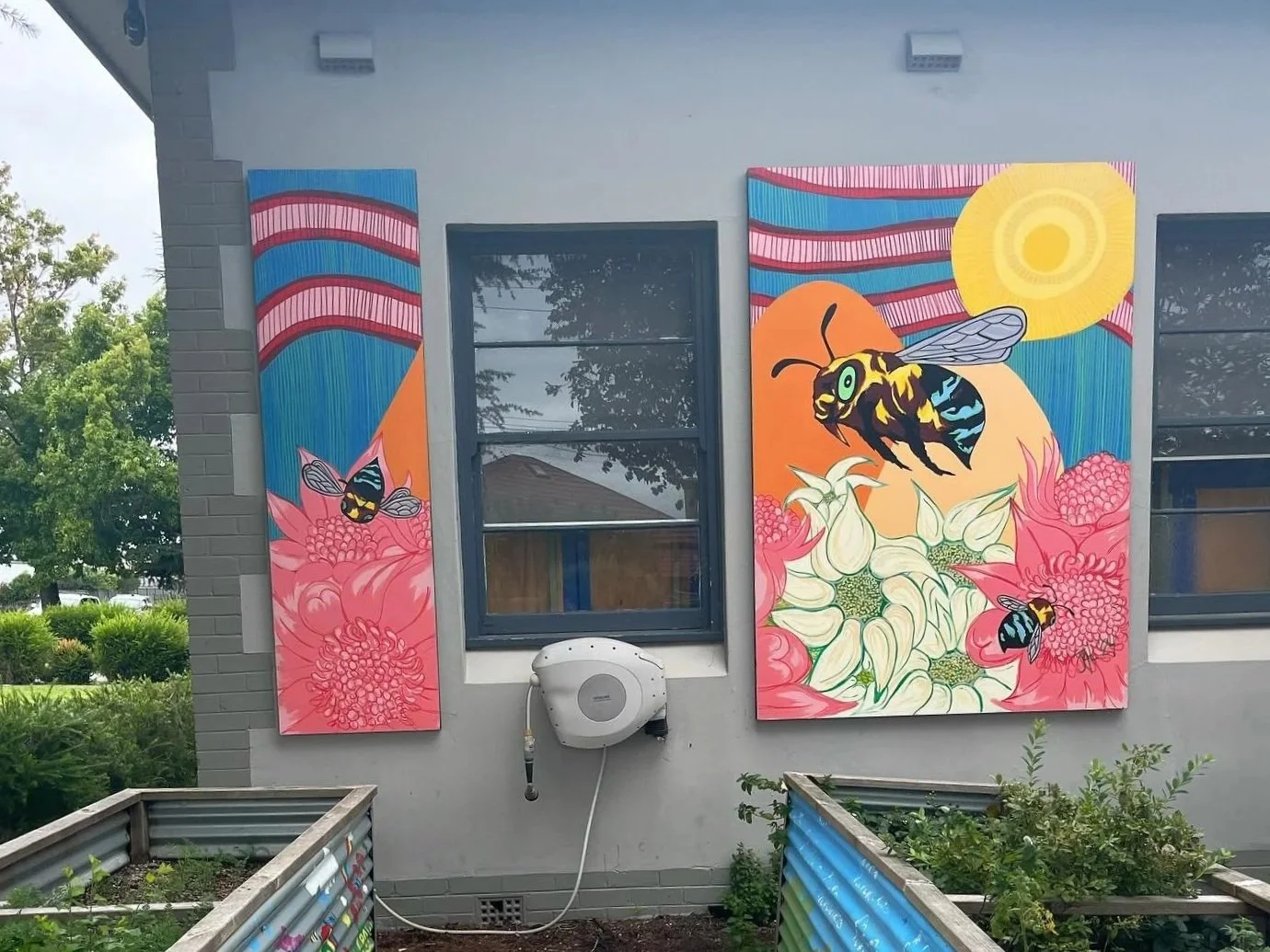 Blue Banded Valley - 2024, Jessica Leffley, weathershield on marine ply, 1220mm x 1220mm, LithGROW community garden funded by the Bush Fire Recovery Program.