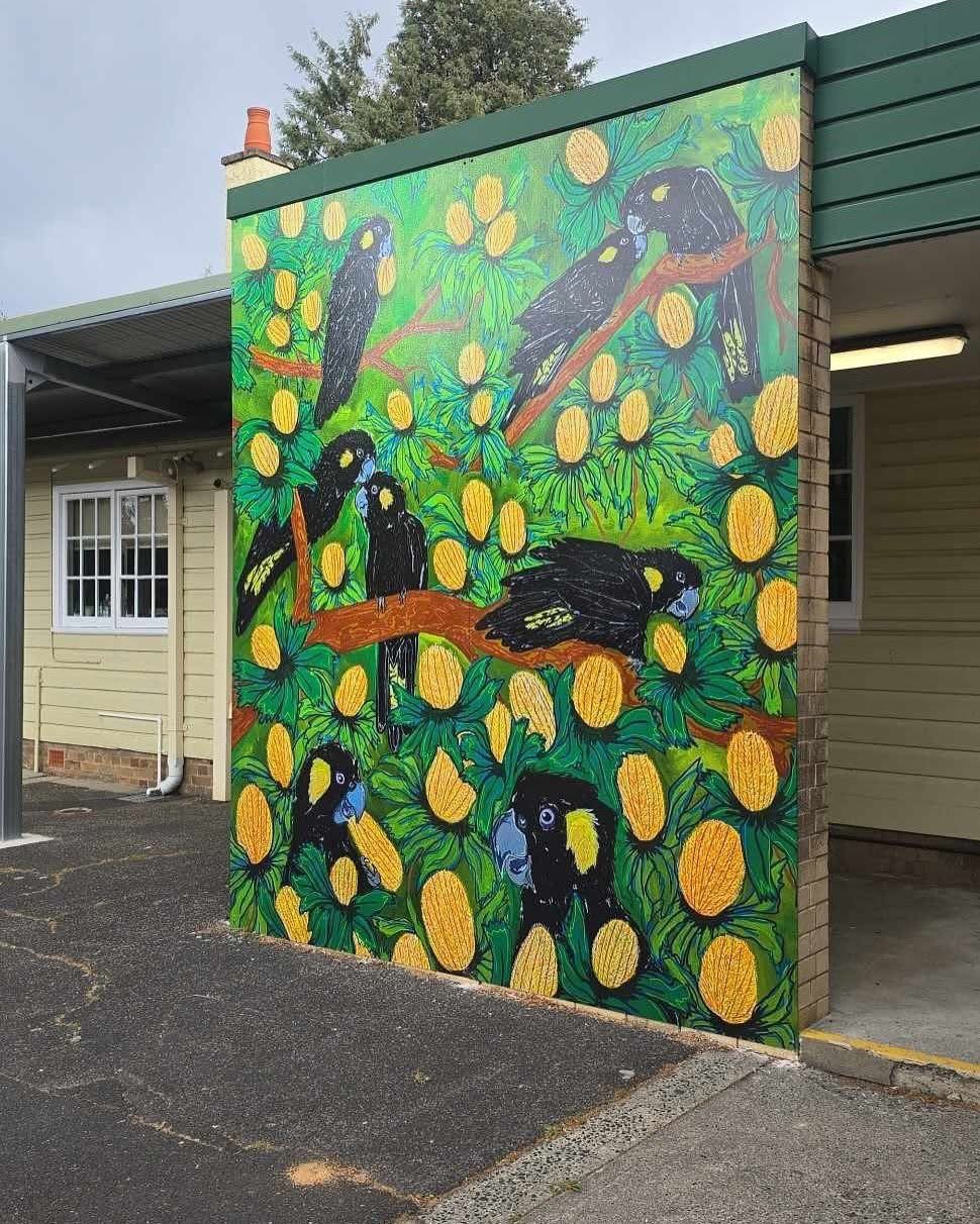 Recess, Jessica Leffley, 2025, building wrap of acrylic on canvas painting, 3.5m x 4m, Cooerwull Public School, NSW, 2790