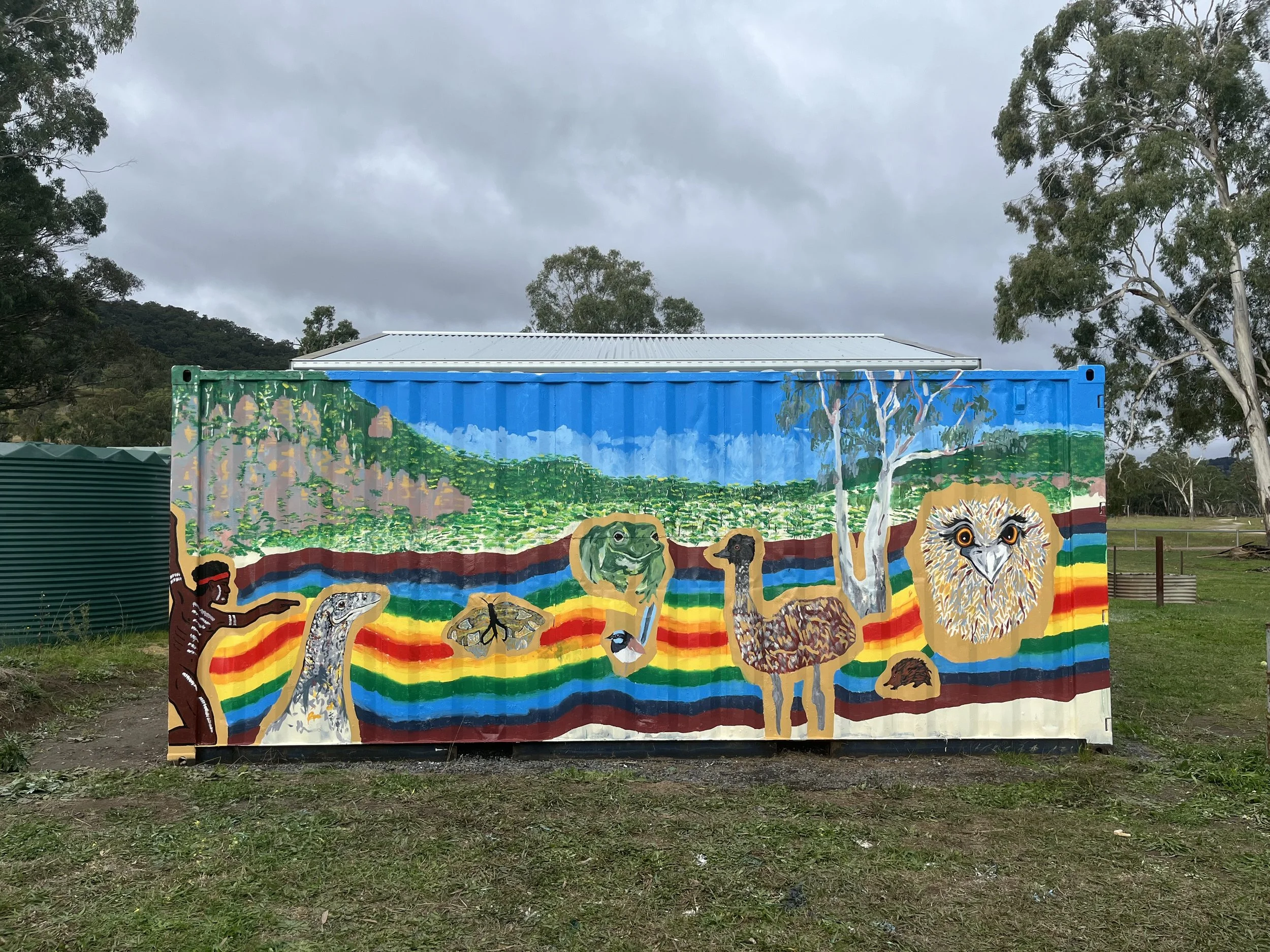 Let's Paint a Mural, 2024, collaboration with uncle Peter Swain, weathershield paint on steel, 6m x 2m, Olinda Community Hall, Olinda, NSW.
