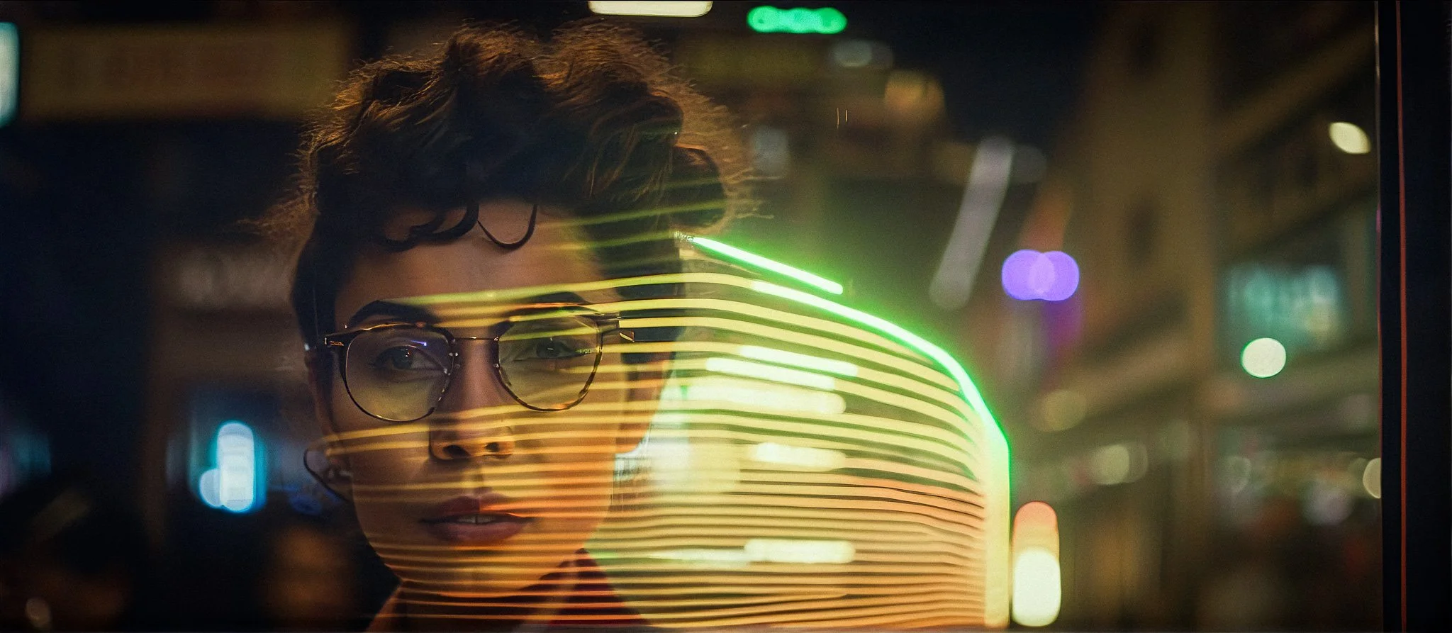Person with glasses looking through a window with neon lights and blurred city background.
