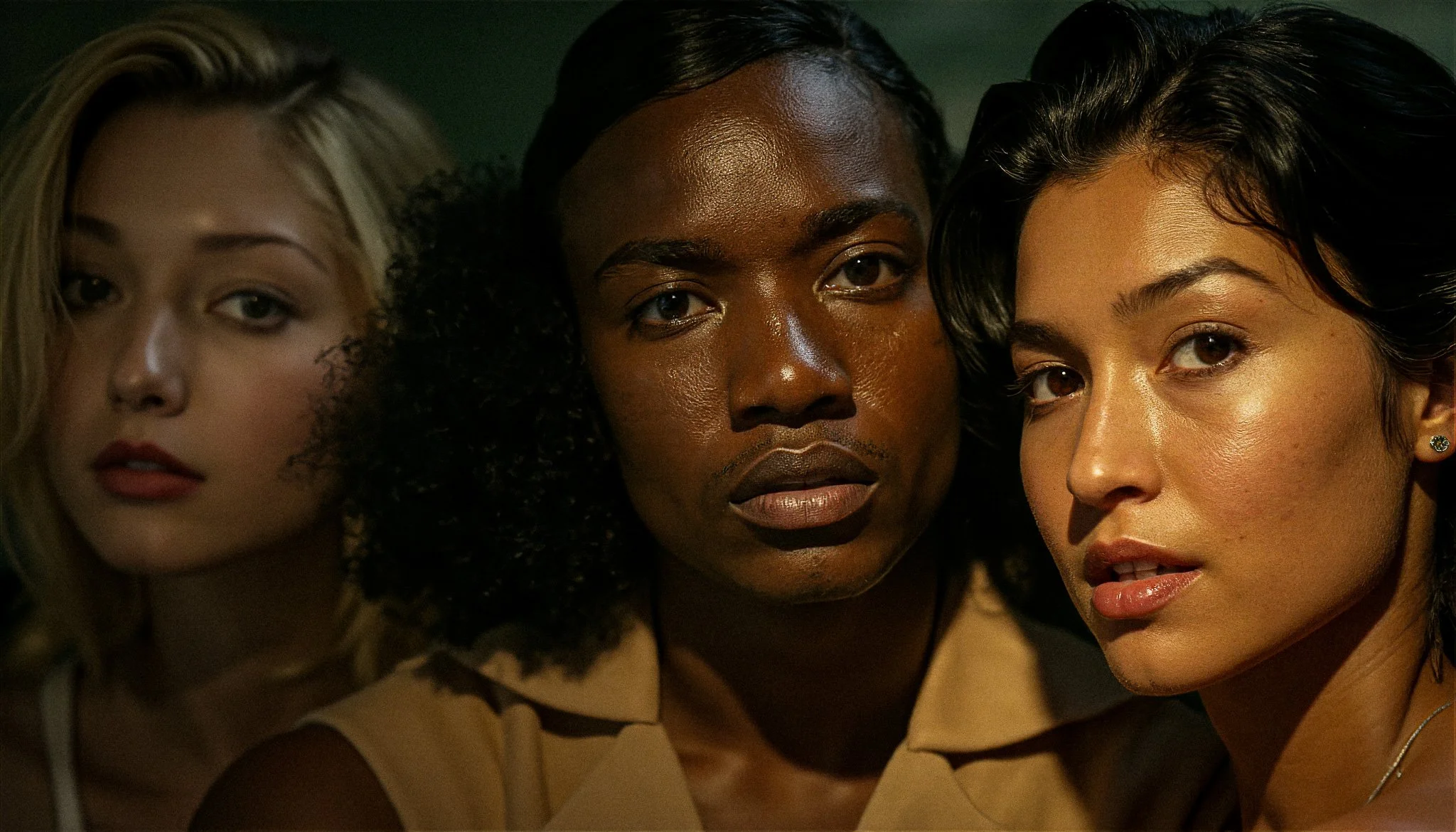 Close-up portrait of three diverse people with serious expressions.