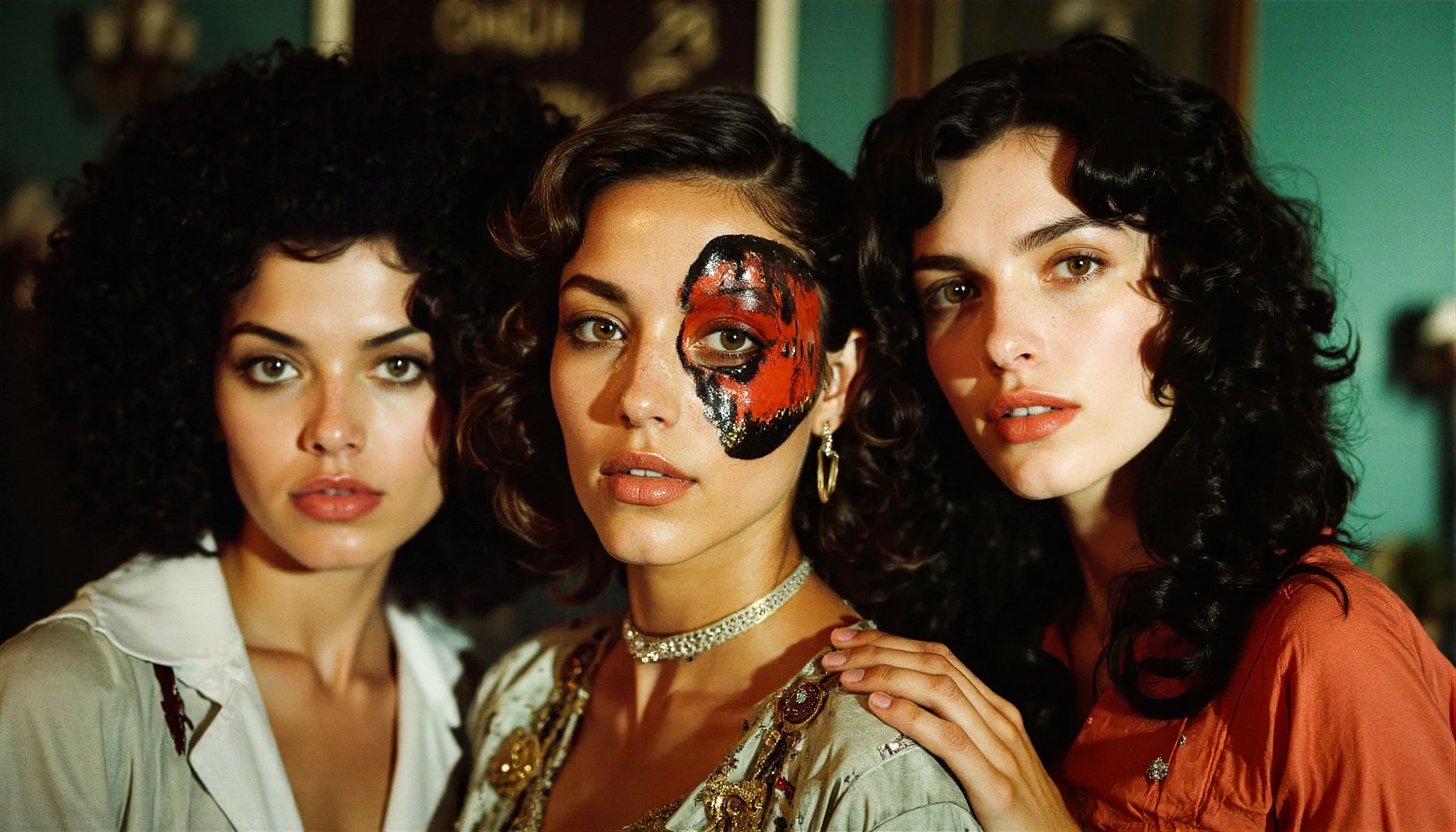 Three women standing together, one with face paint covering part of her face, in a dimly lit environment.