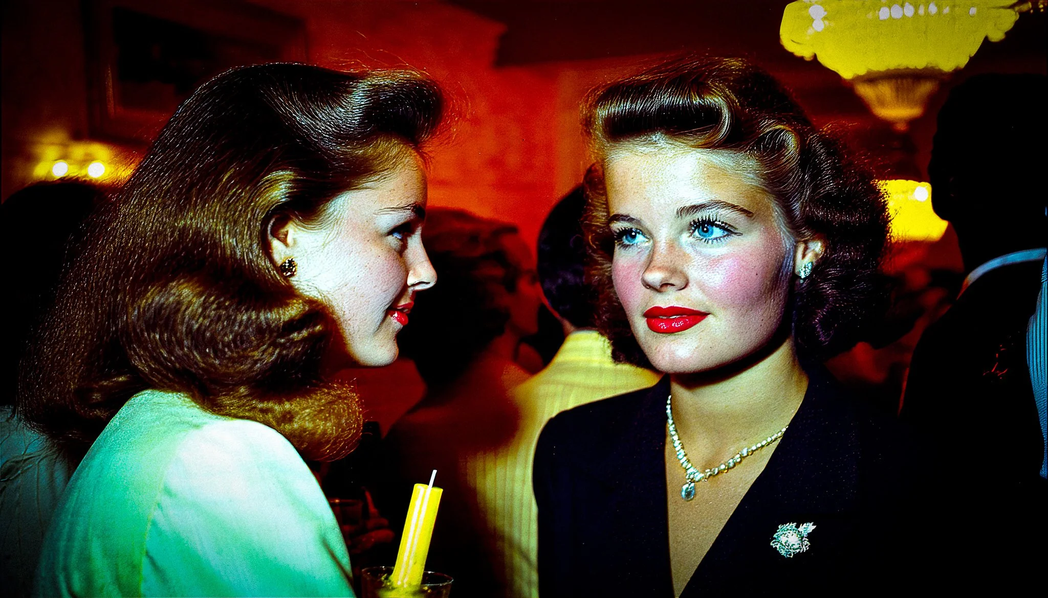 Two women in vintage 1940s attire, one with bright red lipstick, styled wavy hair, and wearing a pearl necklace, engaging in conversation in a dimly lit social setting, possibly a party or gathering.