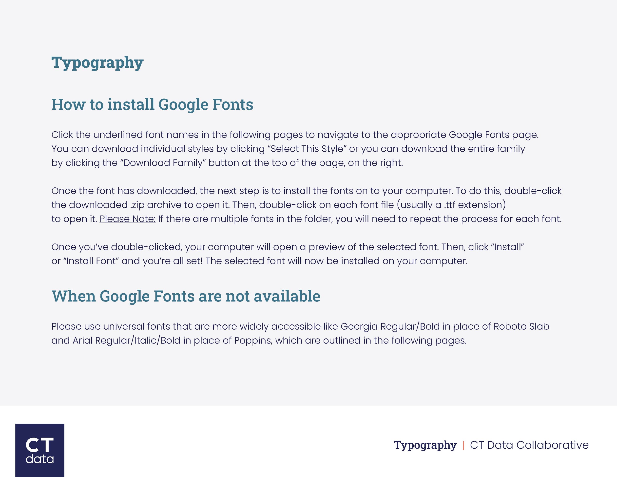 CT Data Collaborative Brand Guidelines Google Font Usage by Hunter Design Studio