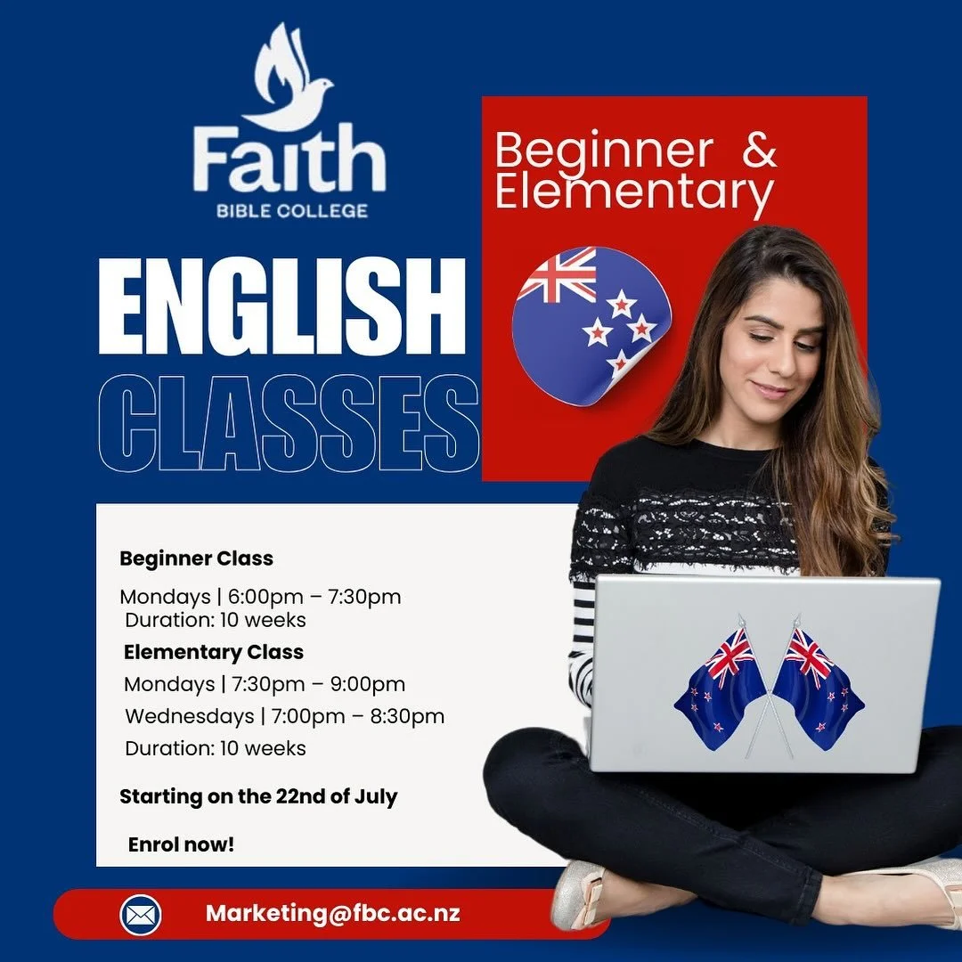 Faith Bible College is now enrolling for Beginner and Elementary classes starting July 22!

📅 Duration: 10 weeks
📩 Register now: marketing@fbc.ac.nz