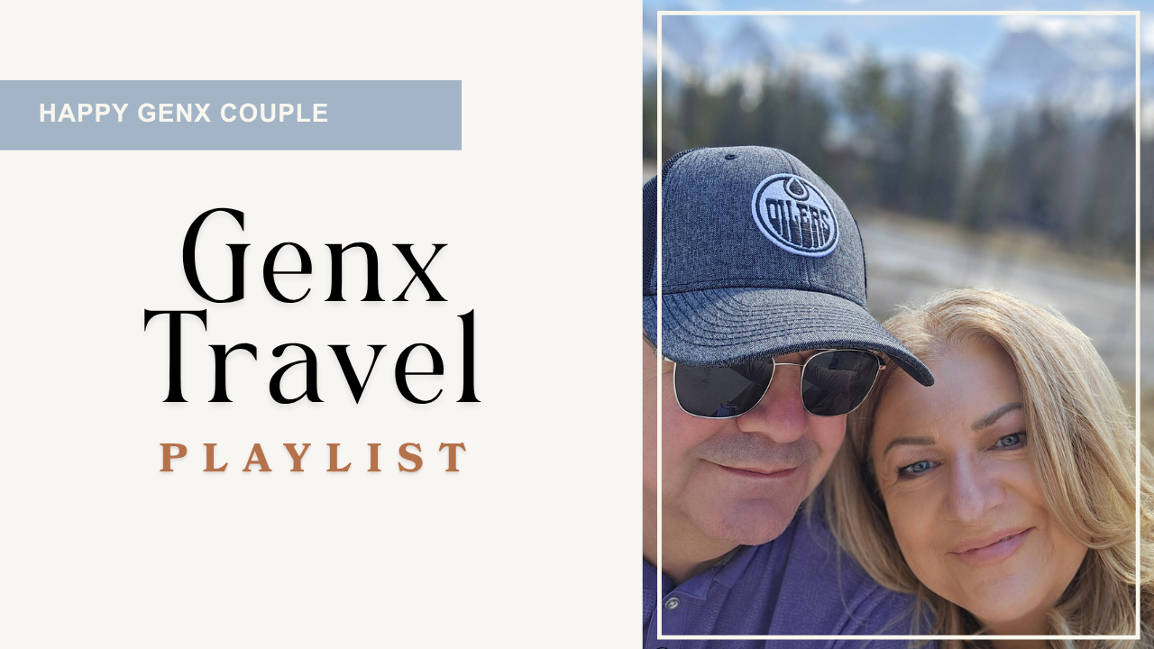 happy genx couple smiling in mountains