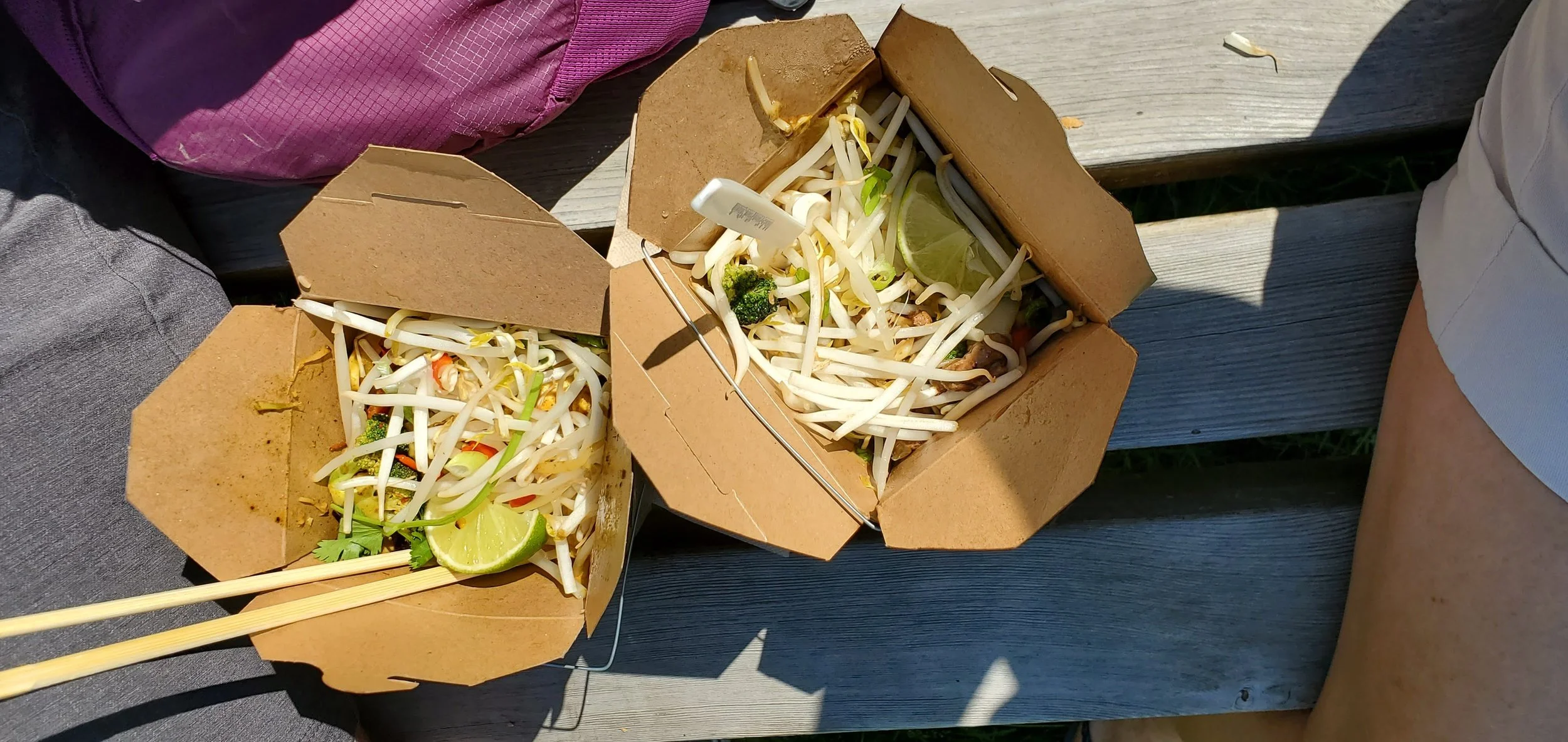 Two Oodle Noodle takeout boxes with chopsticks on a bench at Sherwood Park lake area