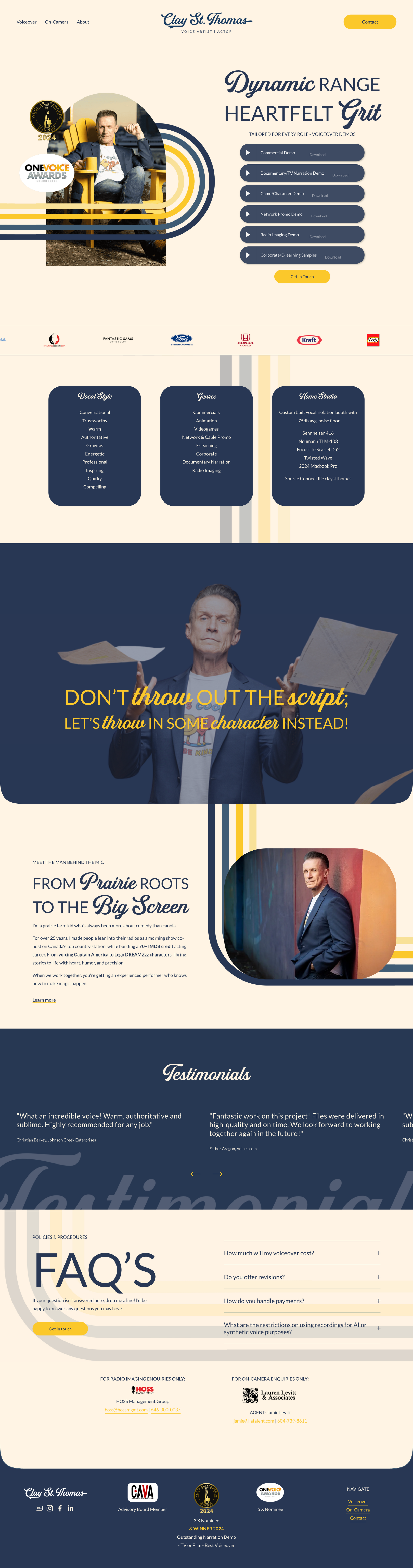 A homepage for Clay St. Thomas, a voiceover artist. It features a man sitting in a yellow chair, holding a microphone and giving a confident pose. The page highlights services, testimonials, FAQs, and contact information, with a bold quote about voiceover scripts and a photo of Clay St. Thomas at the bottom.