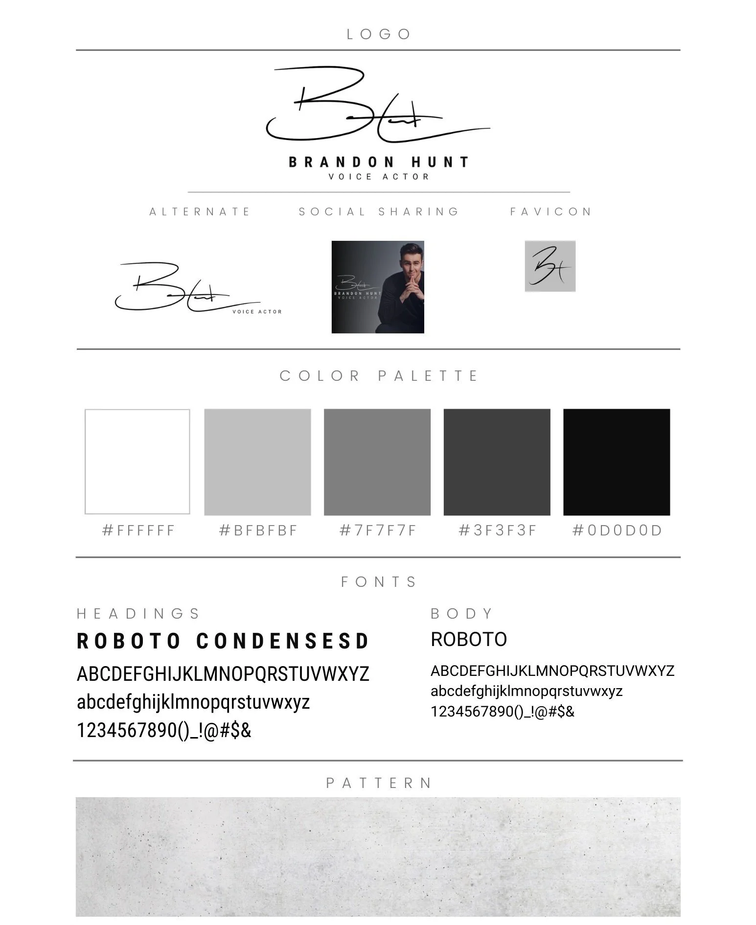 Monochrome modern brand board for voice actor.