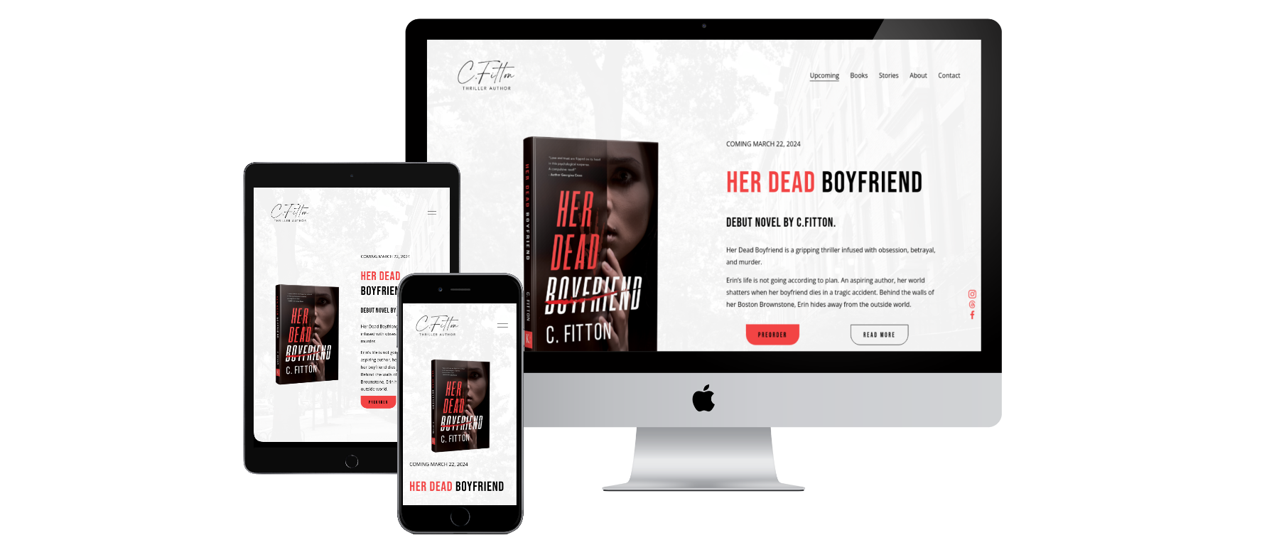 Device mockup of thriller author website for C. Fitton