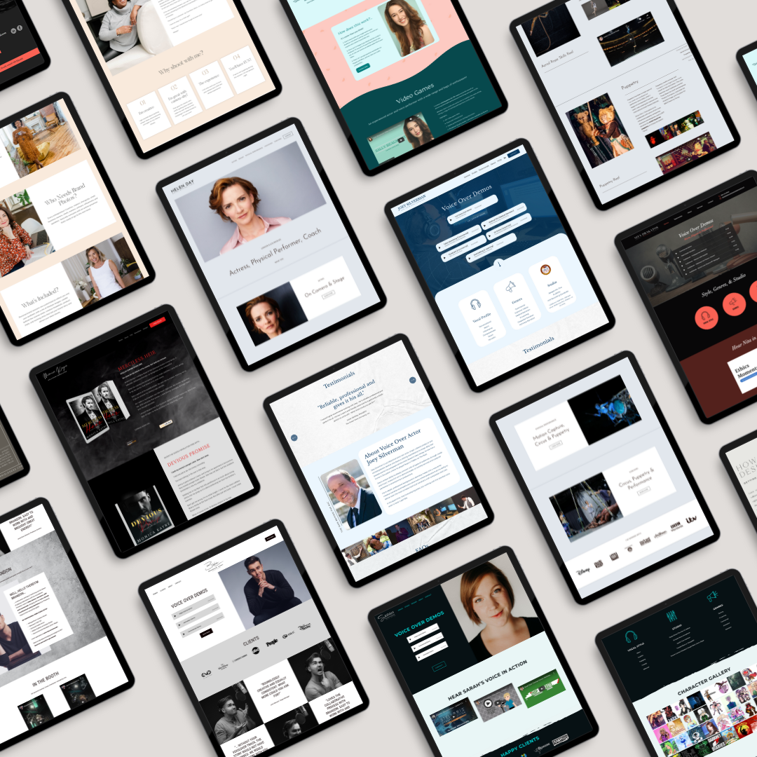 Multiple tablet screens displaying various voice actor websites with professional portraits, text, and design elements.