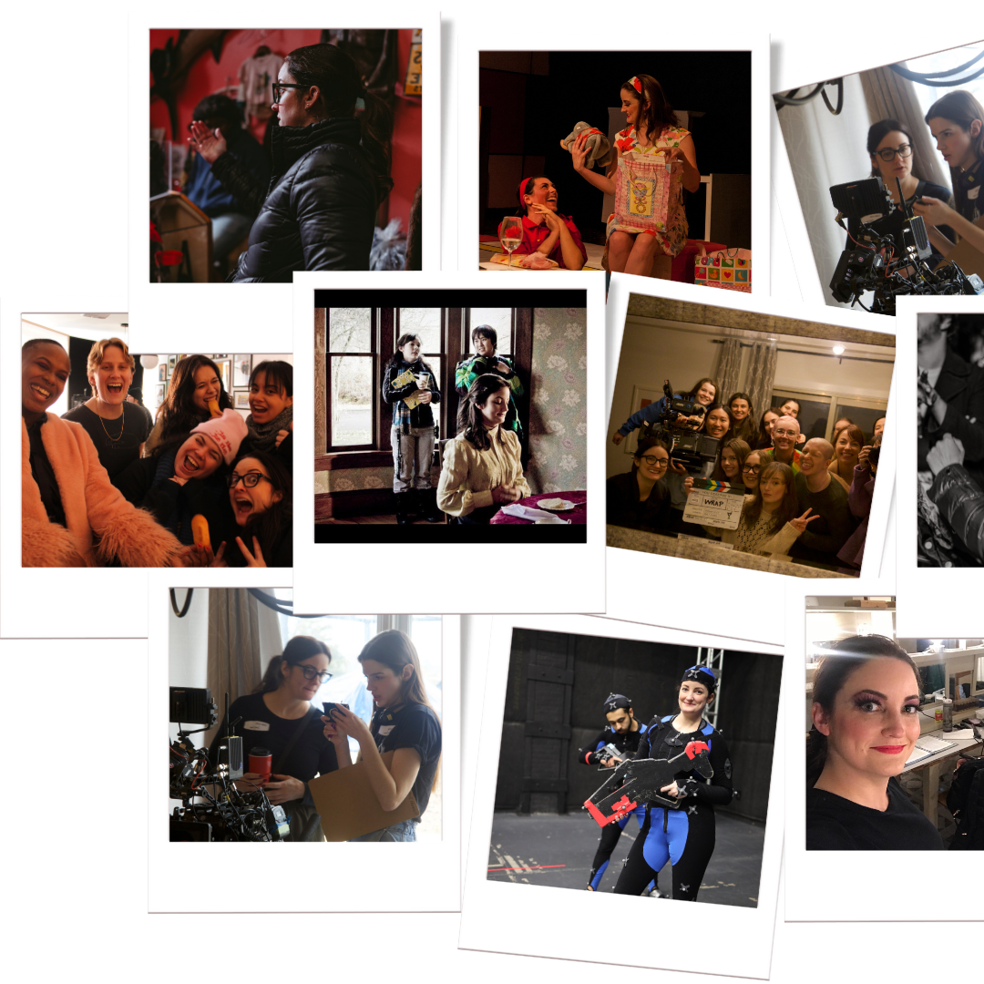 Collage of women and girls participating in activities related to film, theater, and creative projects. Includes behind-the-scenes work, rehearsals, filming, and social moments.