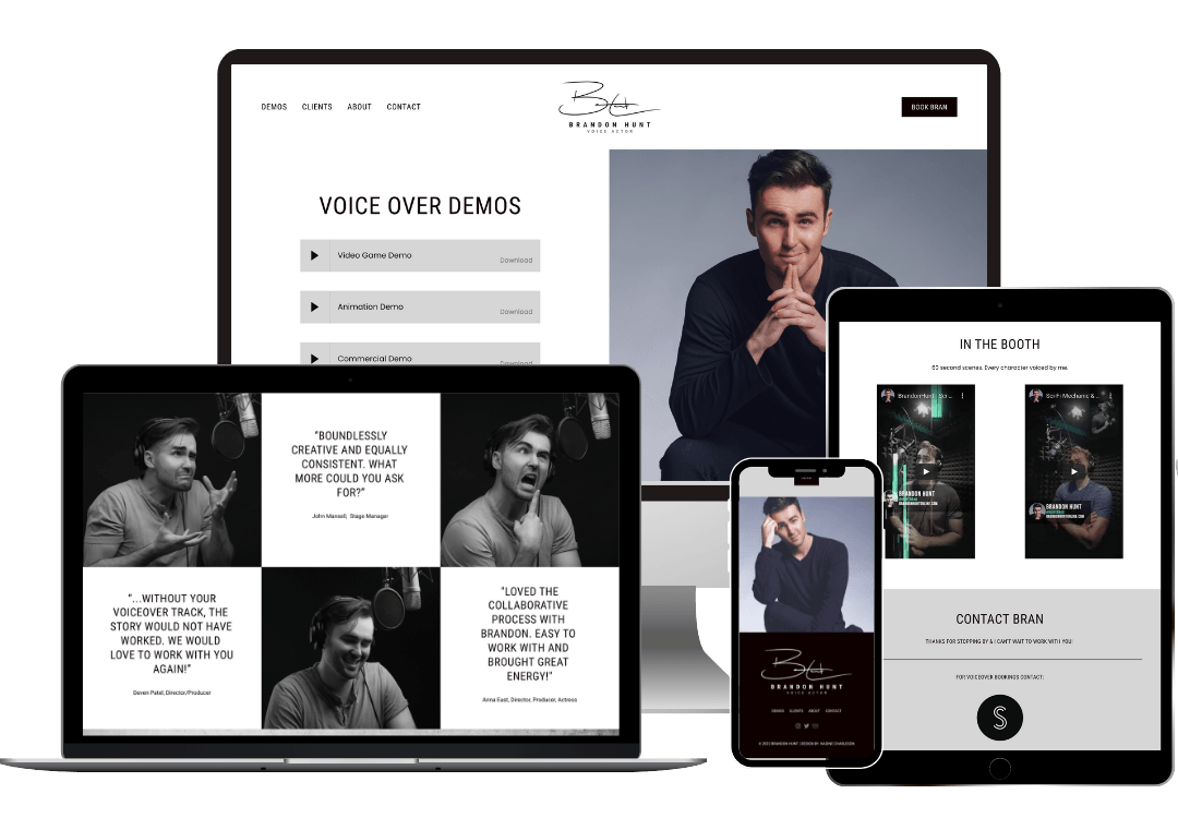Mockup of modern, clean website design for voice over actor
