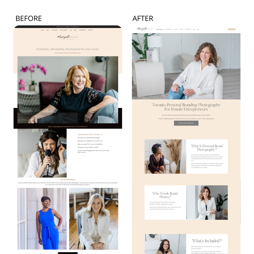 Before and after screenshots of photographer website redesign