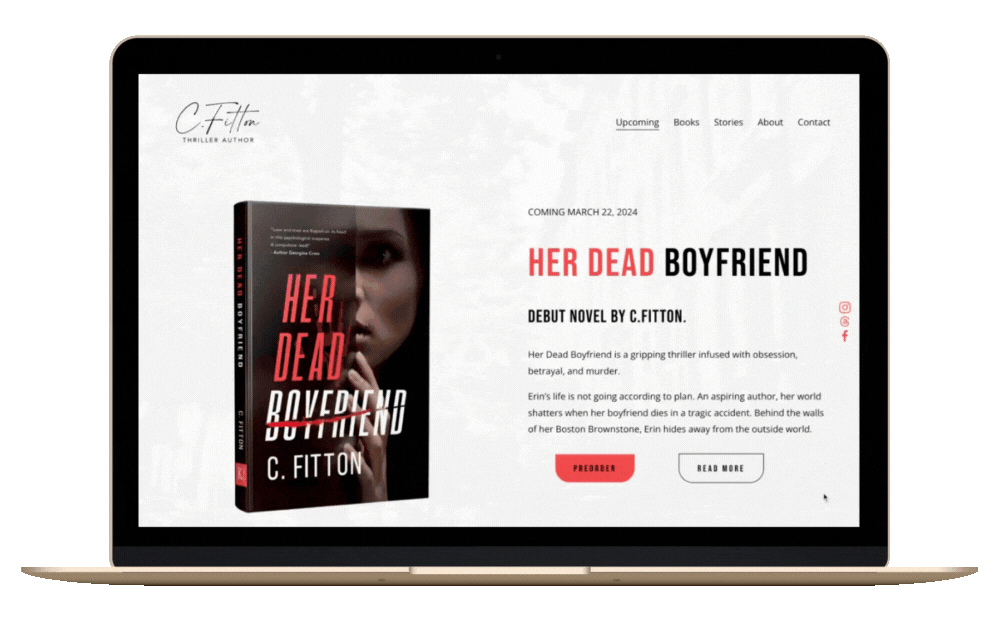 Laptop mockup showing author website scrolling