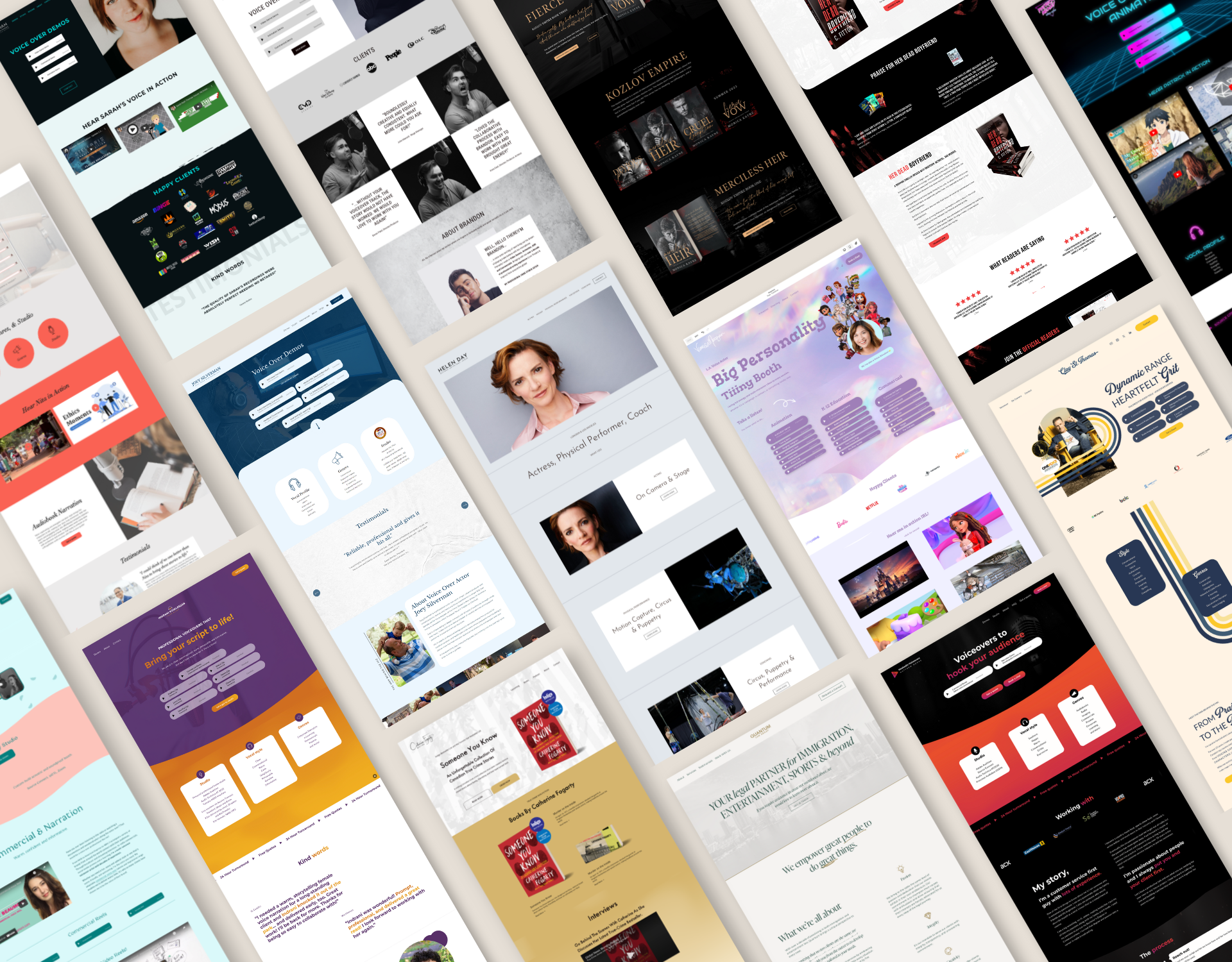 A collection of multiple website homepage designs with various layouts, colors, and themes, displayed at an angle.