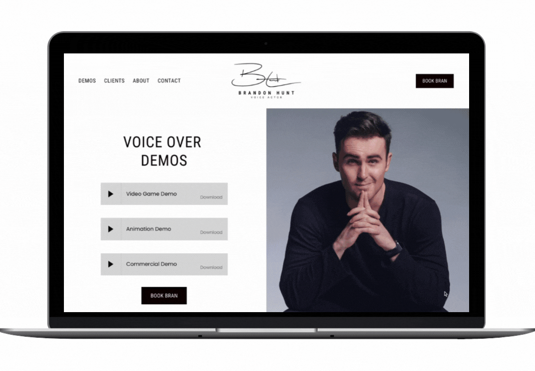 Scrolling laptop mockup of voiceover actor website for Brandon Hunt