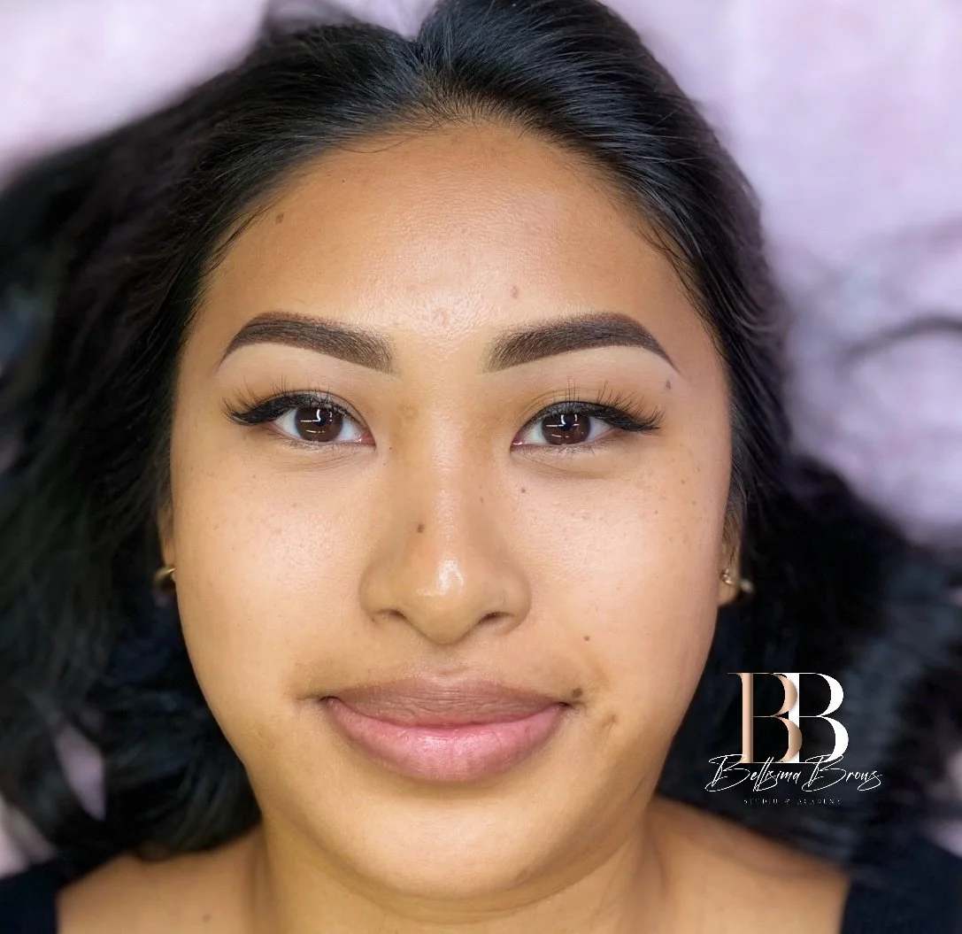 Client with customized Powder Brows featuring softly blended fronts and polished, defined arches at Bellisima Brows in New York City.