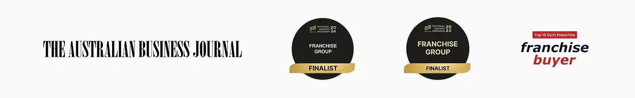 The image features the text 'The Australian Business Journal' and two circular badges reading 'Franchise Group Finalist' for years 2024 and 2022, accompanied by the 'Franchise Buyer' logo labeled 'Top 10 Gym Franchise.'"}