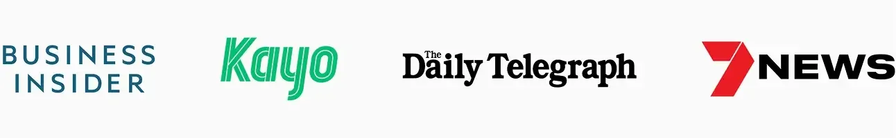 Logos of Business Insider, Kayo, The Daily Telegraph, and 7 News on a white background.