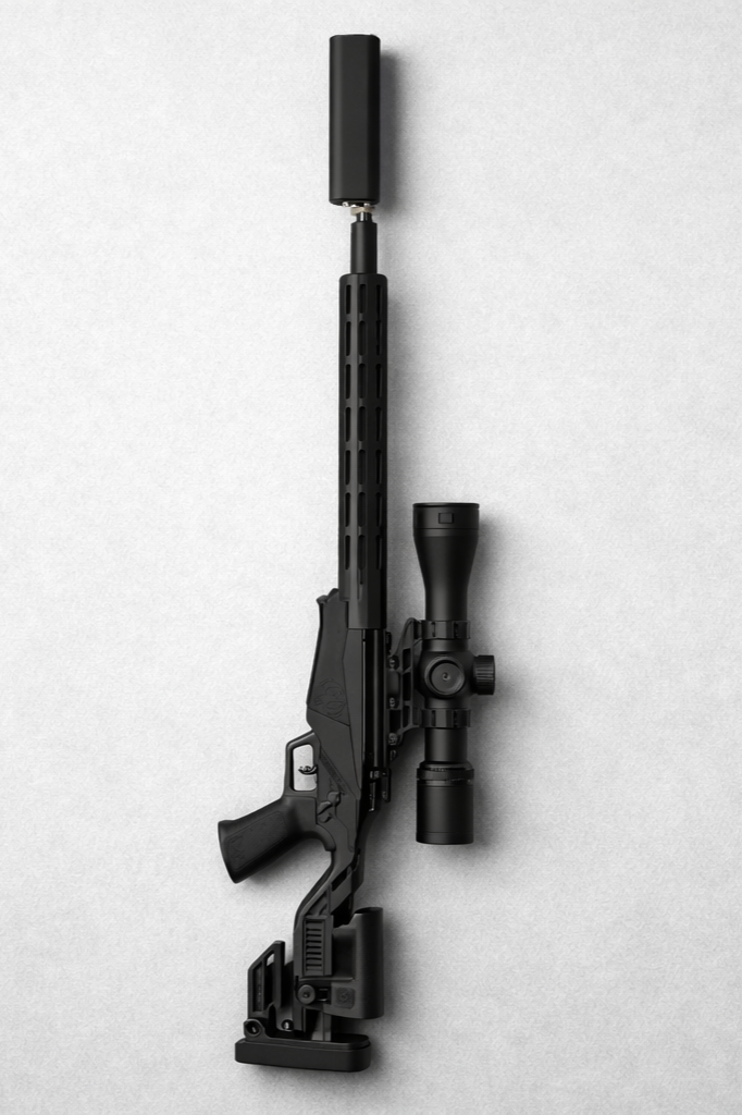 A modern black rifle with a scope and suppressor laid flat on a light gray surface.