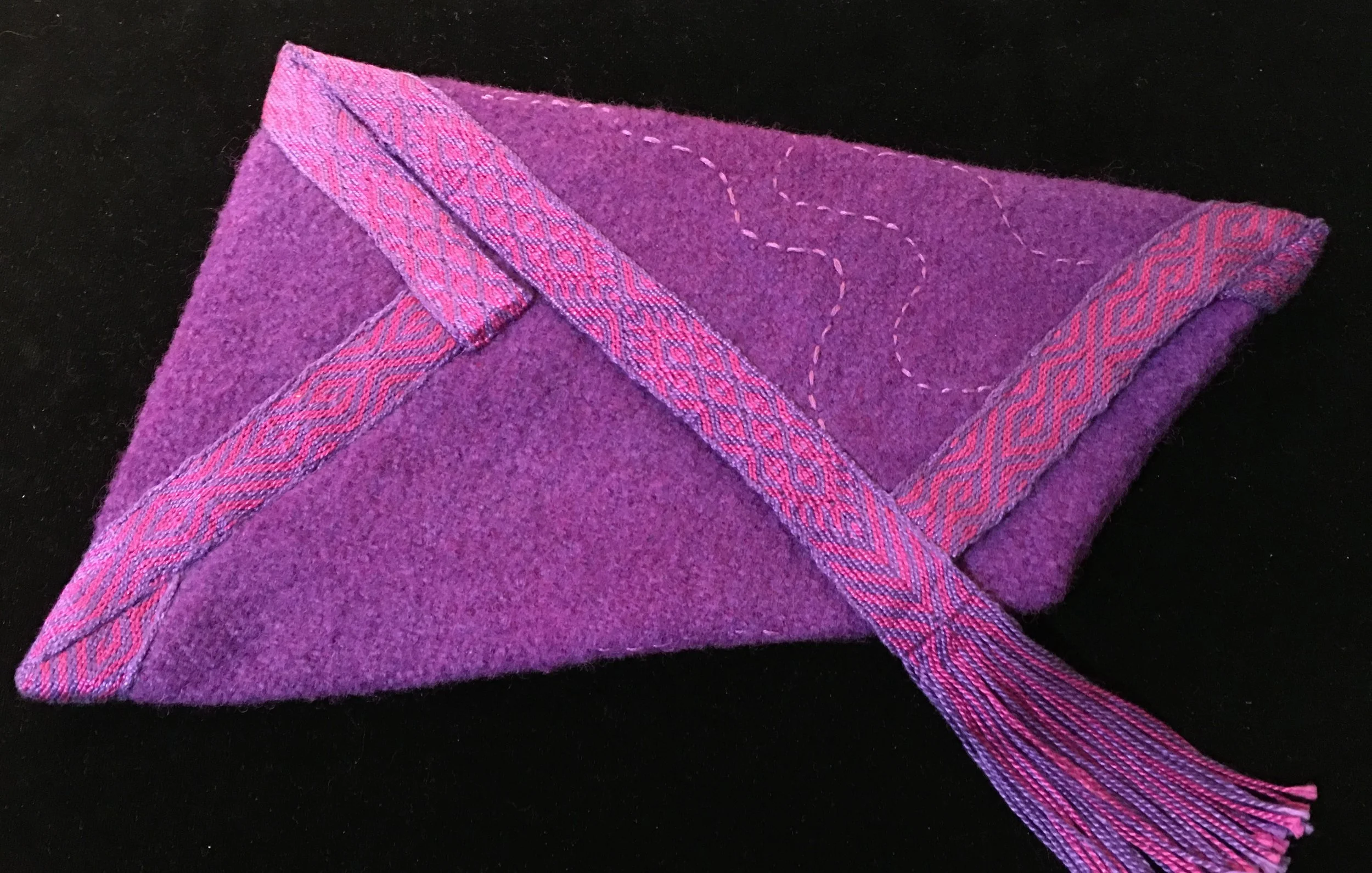 "The Envelop, Please" Origami Bag created from Handloom Woven Fulled Fabric and Tablet Woven Band; embellished with Sashiko Stitching.