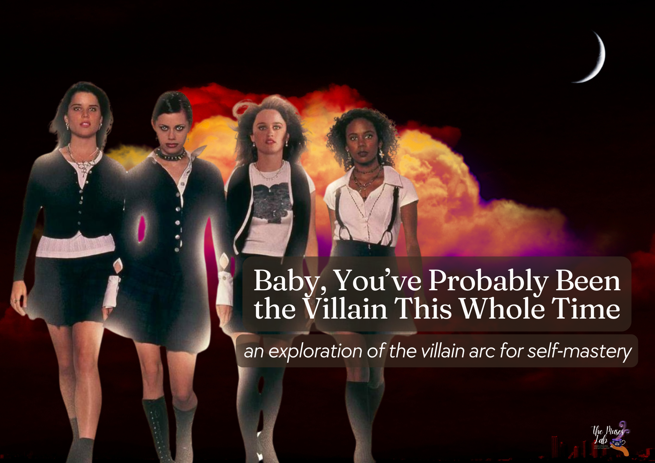 image of characters from the movie "the craft" with a red cloud background