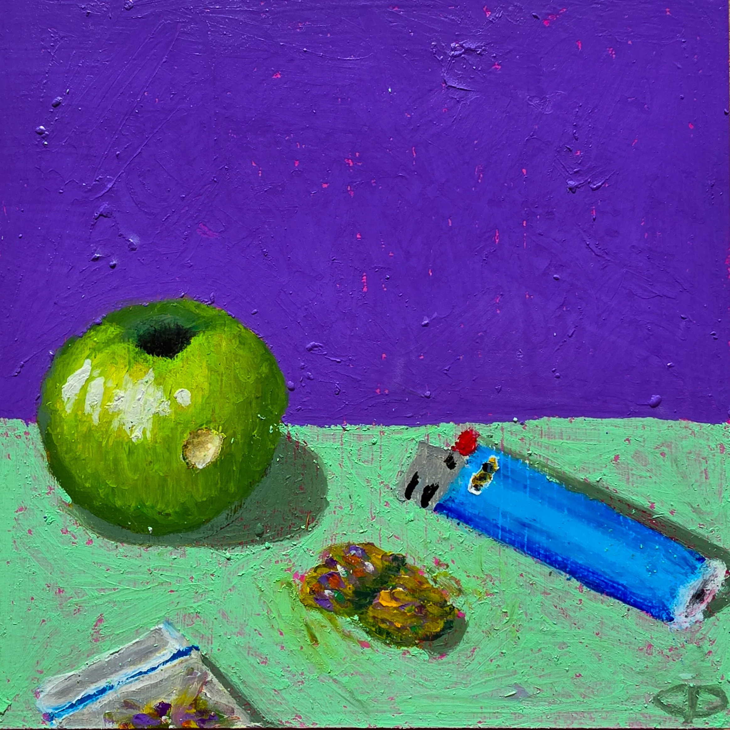 Purple and Green
Acrylic and oil stick on wood (varnished)
200mm x 200mm

An exercise in composition, colour theory and New Zealand nostalgia 