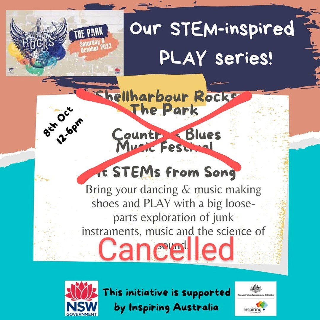 Unfortunately due to the forecast dangerous weather conditions tomorrow the Shellharbour Rocks The Park event has been cancelled and we won't be able to PLAY. We were so looking forward to bringing you a special musical STEM-inspired PLAY day and had