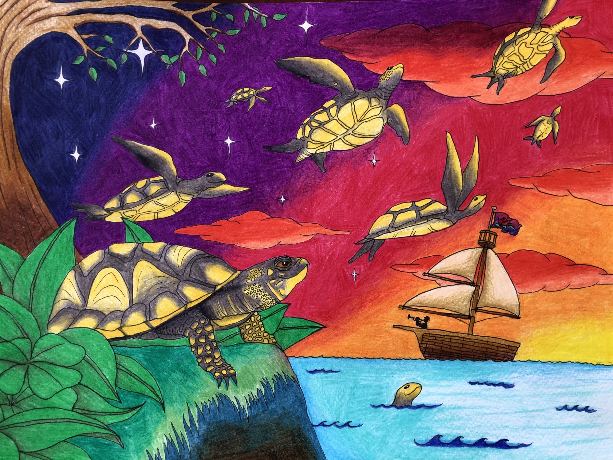 Lori's Turtles (Colored Pencil and Ink, 2020) (SOLD)