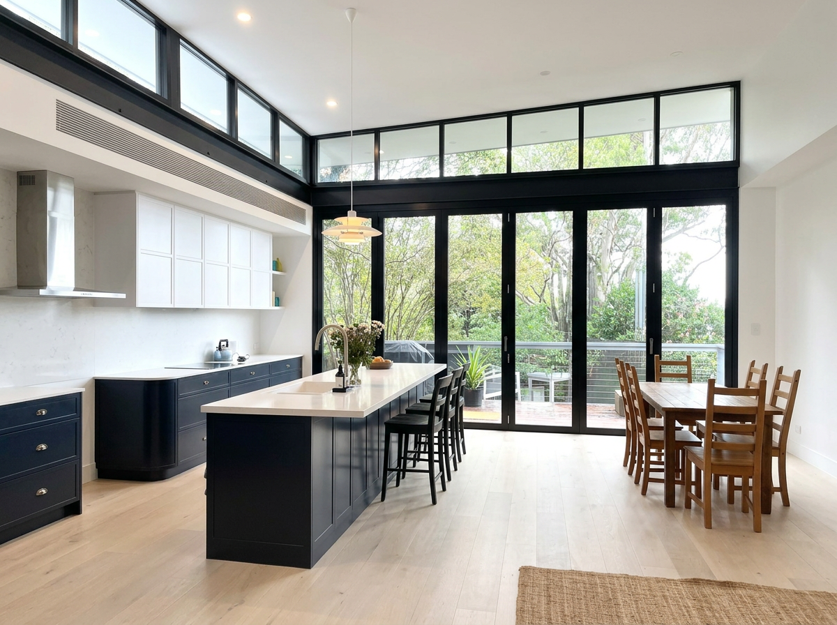 extension to home with new navey coloured kitchen